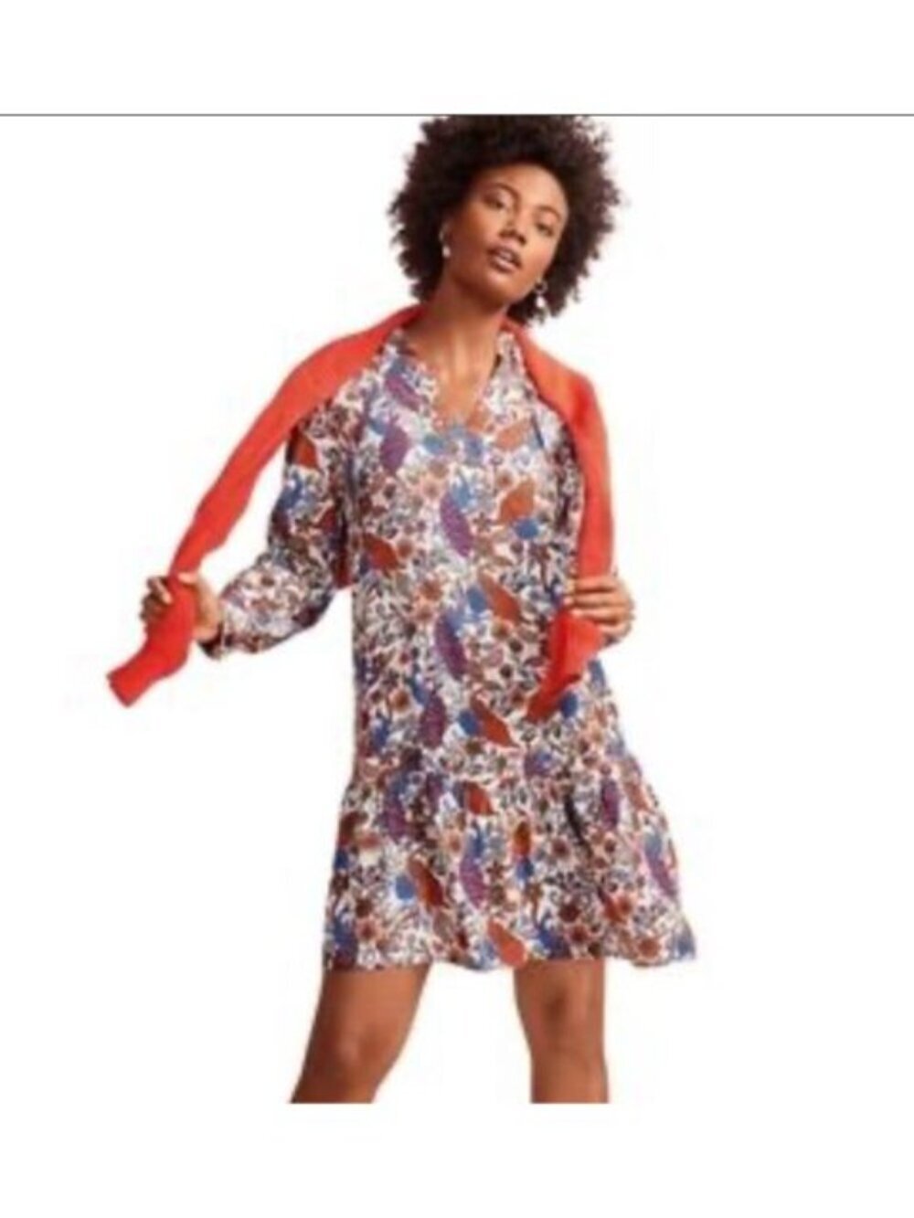LOFT Peacock Floral Dress Tie Neck Long Sleeve Mini Flounce Hem Sz M Old Money